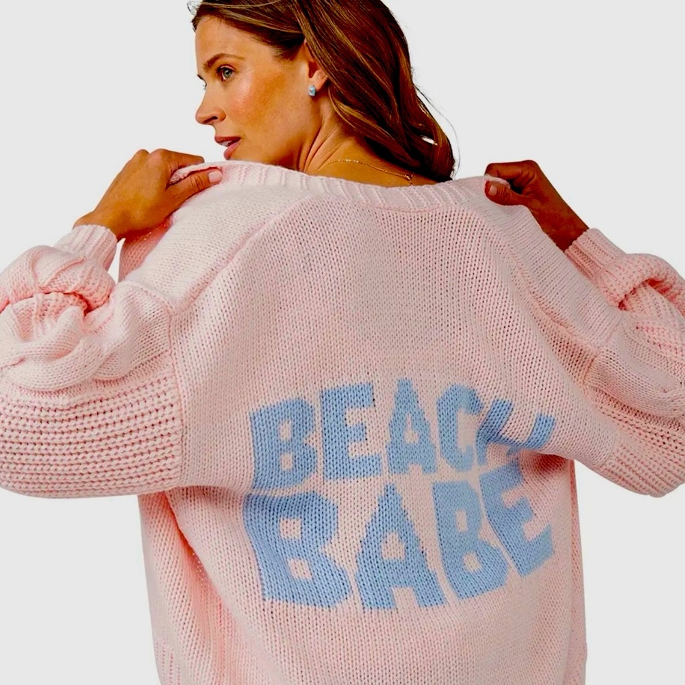 Pink Knit Sweater with Blue 'Beach Babe' Text